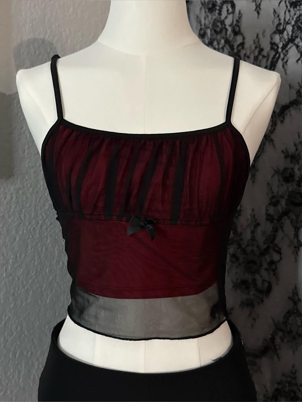 Sheer Burgundy Mesh Cami Top with Black Trim